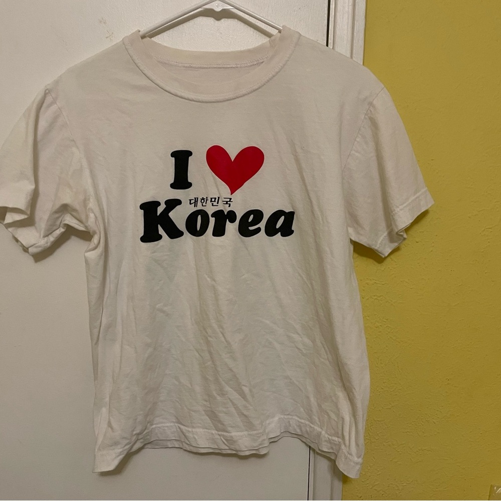 White and Red Short Sleeve Tee with Korea Graphic